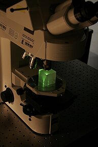 The image shows the internal components of a microscope. The focus is on the stage area where a sample would be placed. A rectangular, transparent block, possibly made of glass or plastic, is positioned on the stage. The block is illuminated from below by a bright green light source, causing the entire block to glow green. The microscope's stage, objective lenses, and other mechanical parts are visible, painted in white and gray. The background is dark, highlighting the illuminated green block within the microscope's structure. 