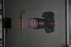 The image shows an enlarged, stylized cross-section of a camera.  On the left side, several parallel red laser beams are projected from the left and pass through a  transparent block, representing the convex lens of the camera.  After passing through this block the beams meet at a single spot on a vertical dashed line, representing the camera chip. 